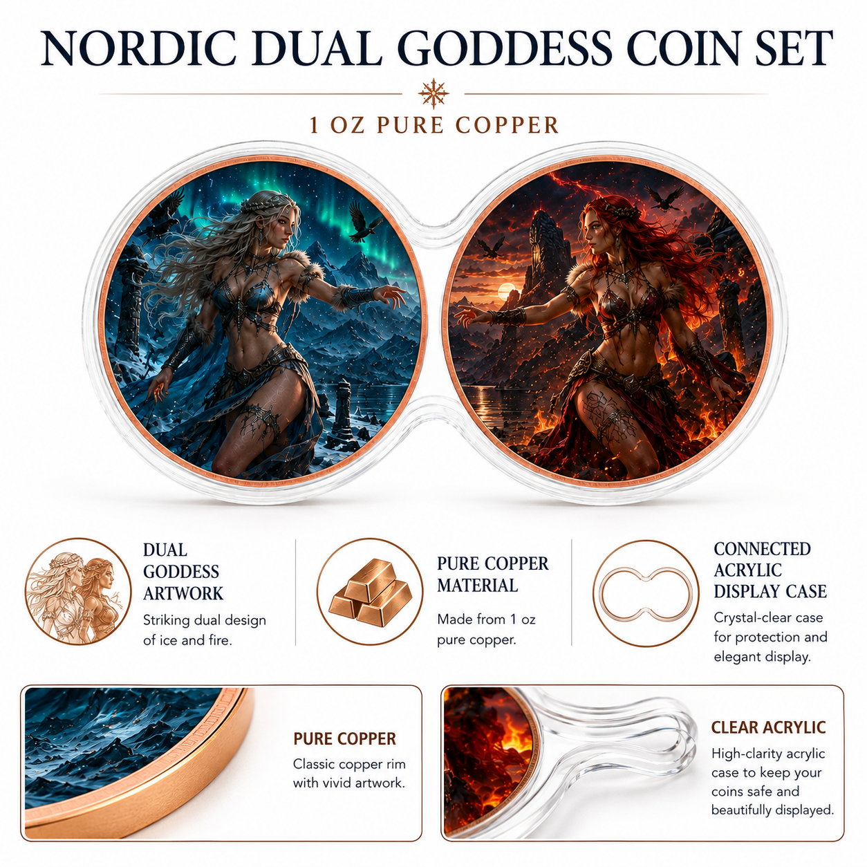 Nordic Dual Goddess 1 oz Pure Copper Coin Set – Ice & Fire Edition (10 Sets Minimum)