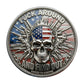 Generation X F*ck Around and Find Out Challenge Coin reverse – skull American flag hat crossed rifles bullets Raised to Survive antique silver red white blue enamel