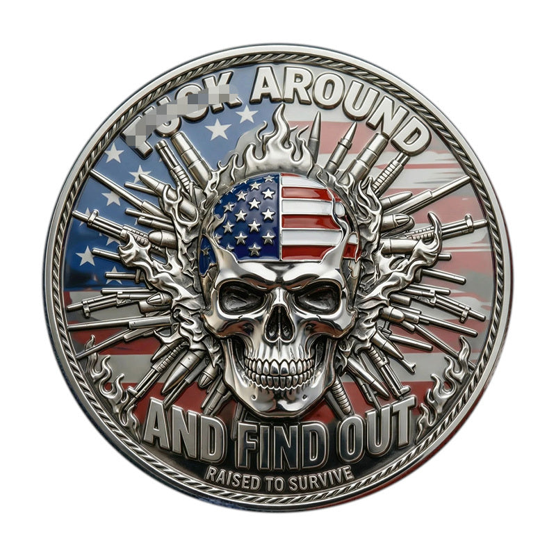 Generation X F*ck Around and Find Out Challenge Coin reverse – skull American flag hat crossed rifles bullets Raised to Survive antique silver red white blue enamel