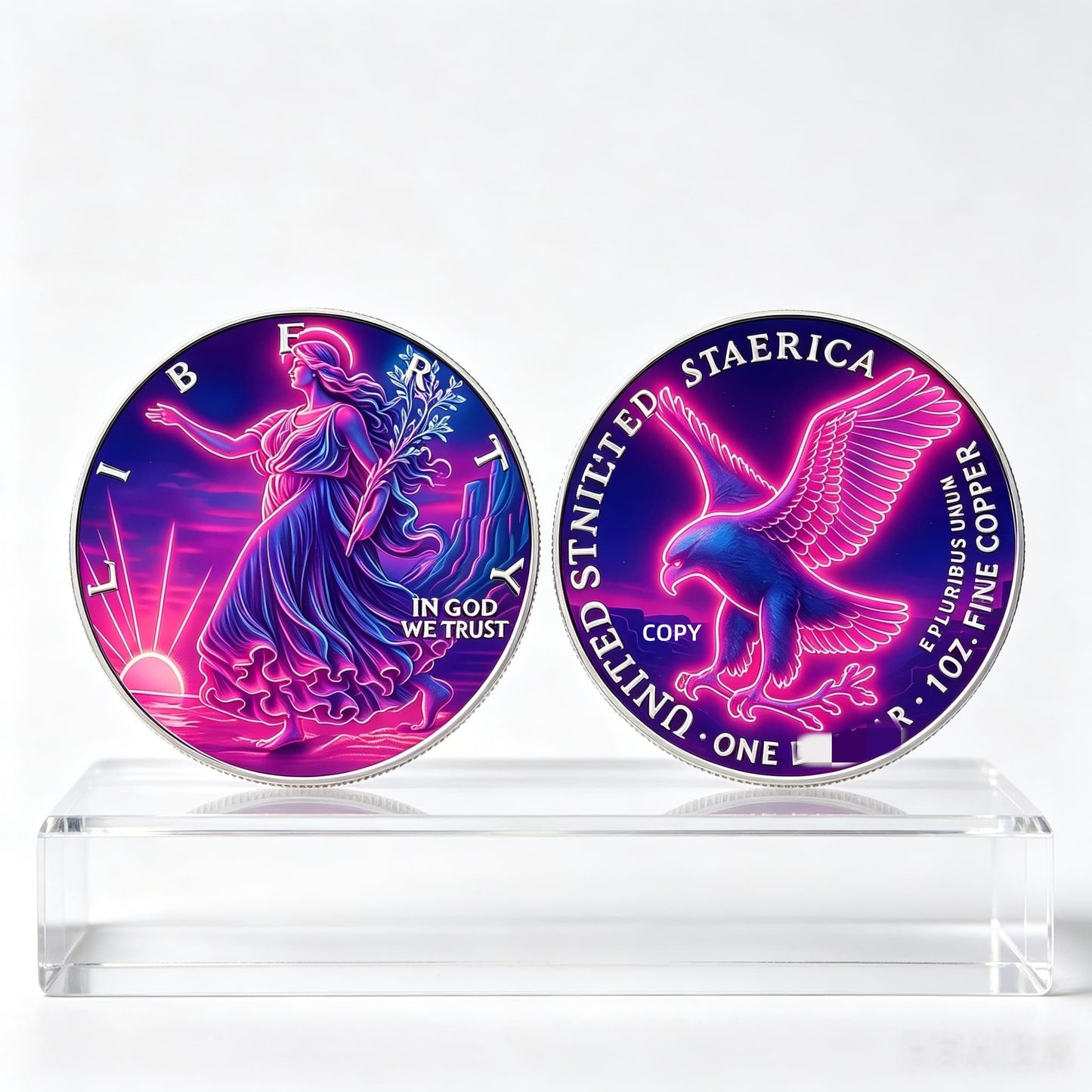 1oz Pure Copper Challenge Coin, 3D Neon Liberty Figure & Eagle Medal for Patriotic Collection