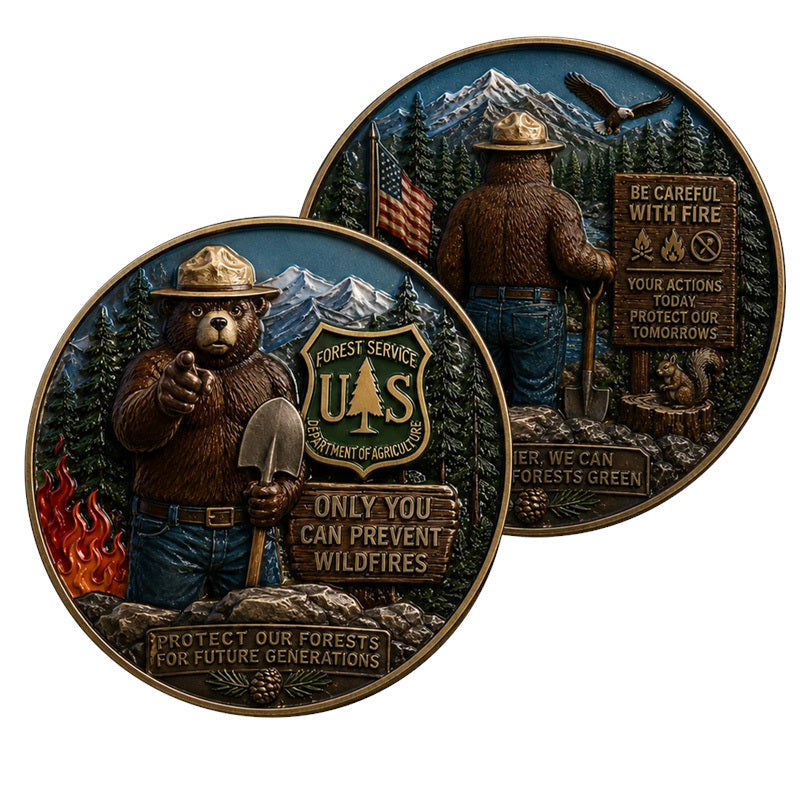 Smokey Bear Only You Can Prevent Wildfires US Forest Service Challenge Coin both sides display – antique bronze full-color enamel forest mountain scene obverse and reverse