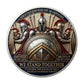 Brotherhood of Warriors We Stand Together Storm the Gates of Hell Feast on Demons Tonight Challenge Coin reverse closeup – Spartan warriors shield antique silver blue red enamel