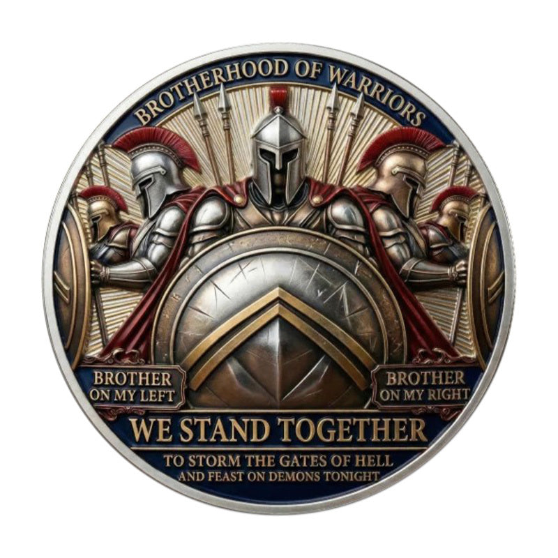 Brotherhood of Warriors We Stand Together Storm the Gates of Hell Feast on Demons Tonight Challenge Coin reverse closeup – Spartan warriors shield antique silver blue red enamel