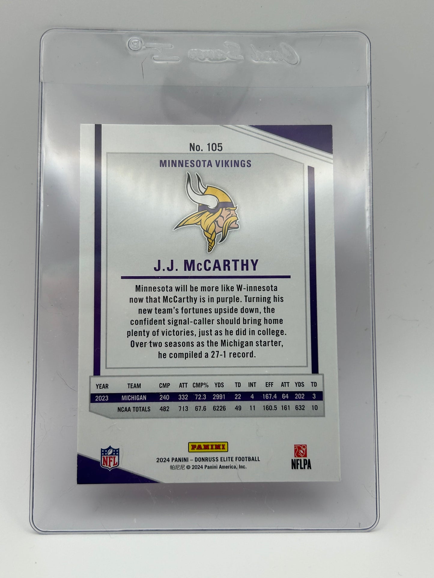 2024 Panini Donruss Elite Rookies Pink #105 J.J. McCarthy (RC) Minnesota Vikings