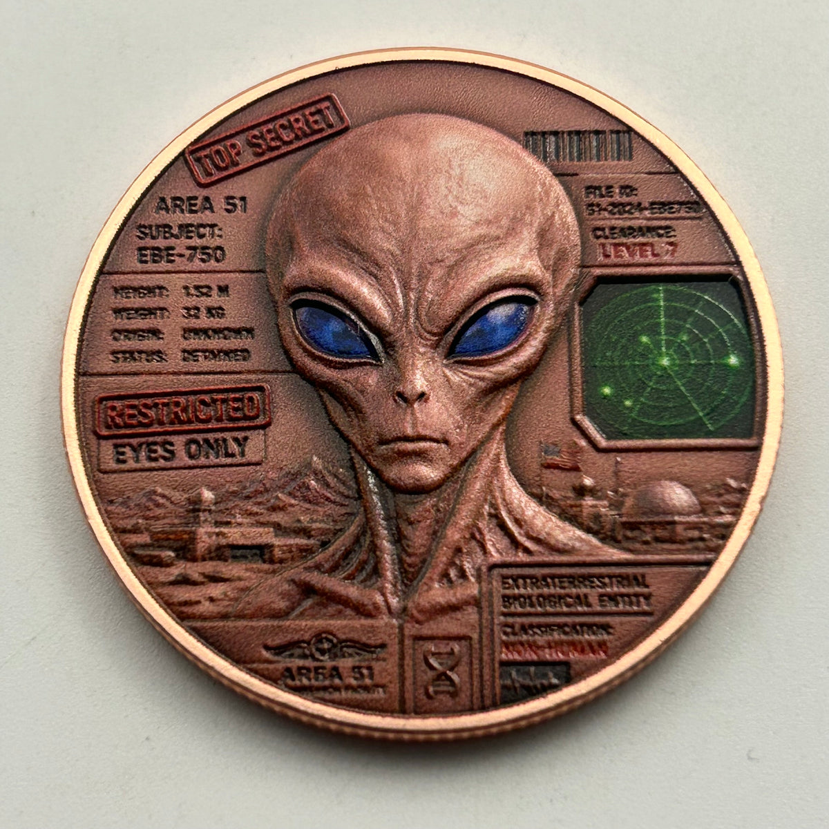 NOW IN STOCK! Area 51 File – EBE-750 Alien 1 Troy Oz .999 Fine Copper Round (40mm)