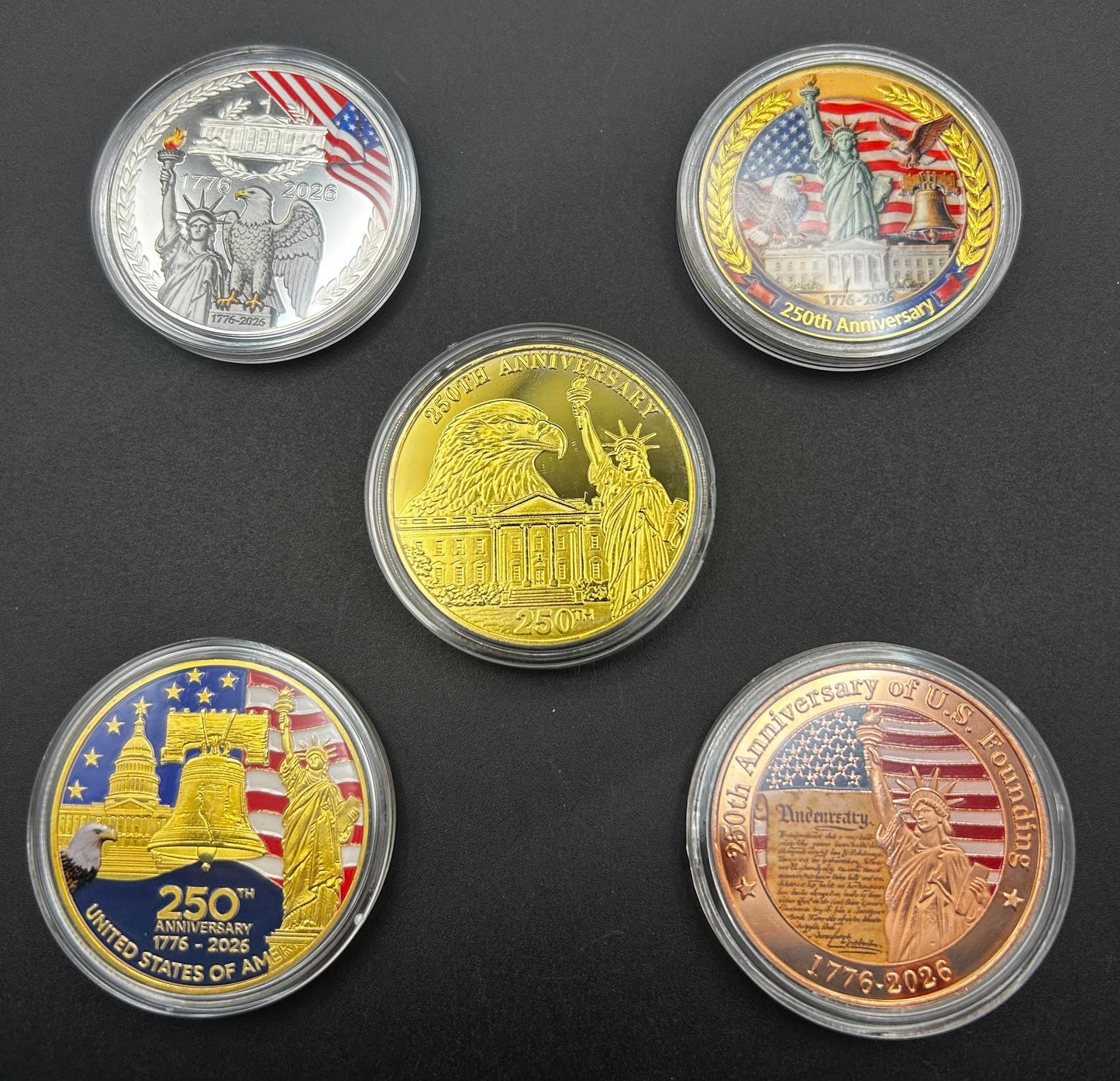 5 PC LOT USA 250th Anniversary Commemorative Challenge Coins — 40mm with Protective Capsules