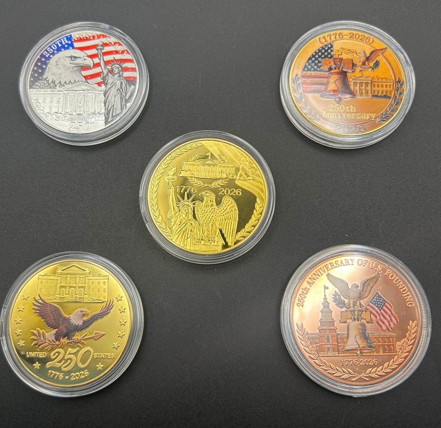 5 PC LOT USA 250th Anniversary Commemorative Challenge Coins — 40mm with Protective Capsules