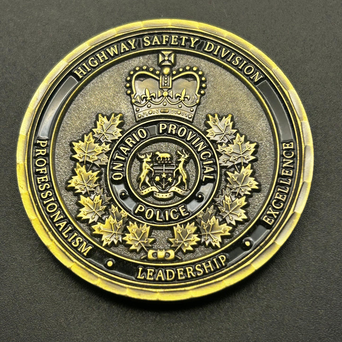 Ontario Provincial Police (OPP) – Highway Safety Division Challenge Coin – RARE 1.75" Antique Gold & Black
