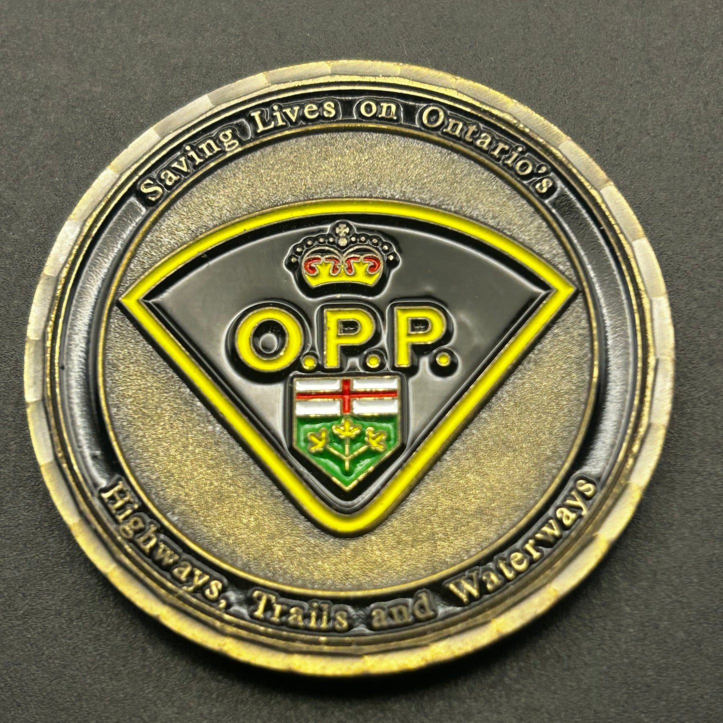 Ontario Provincial Police (OPP) – Highway Safety Division Challenge Coin – RARE 1.75" Antique Gold & Black
