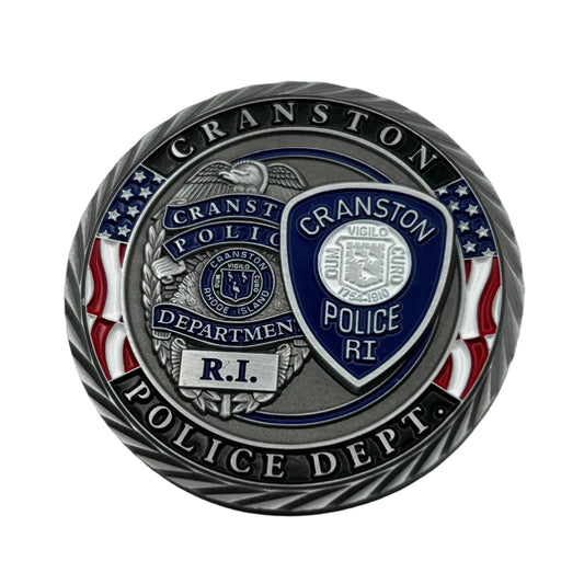 Cranston Police Department – Rhode Island Challenge Coin – RARE 2" Antique Silver – Est. 1754 – Mint Condition