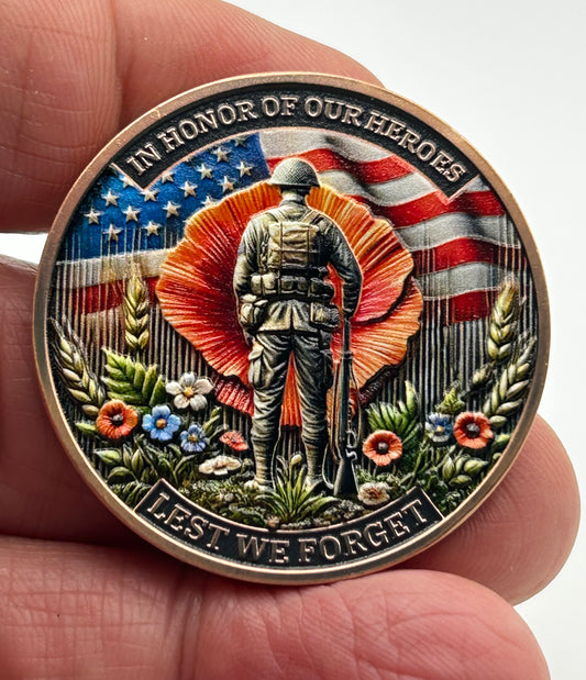 Lest We Forget – In Honor of Our Heroes Military Challenge Coin – 10-Pack with Protective Capsules – 40mm 3D Laser Etched