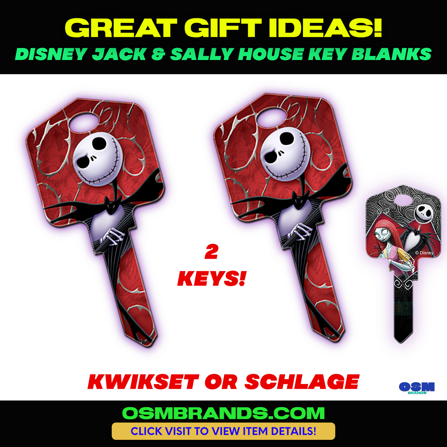 2 PK DISNEY JACK & SALLY House Key Blank for KWIKSET OR SCHLAGE