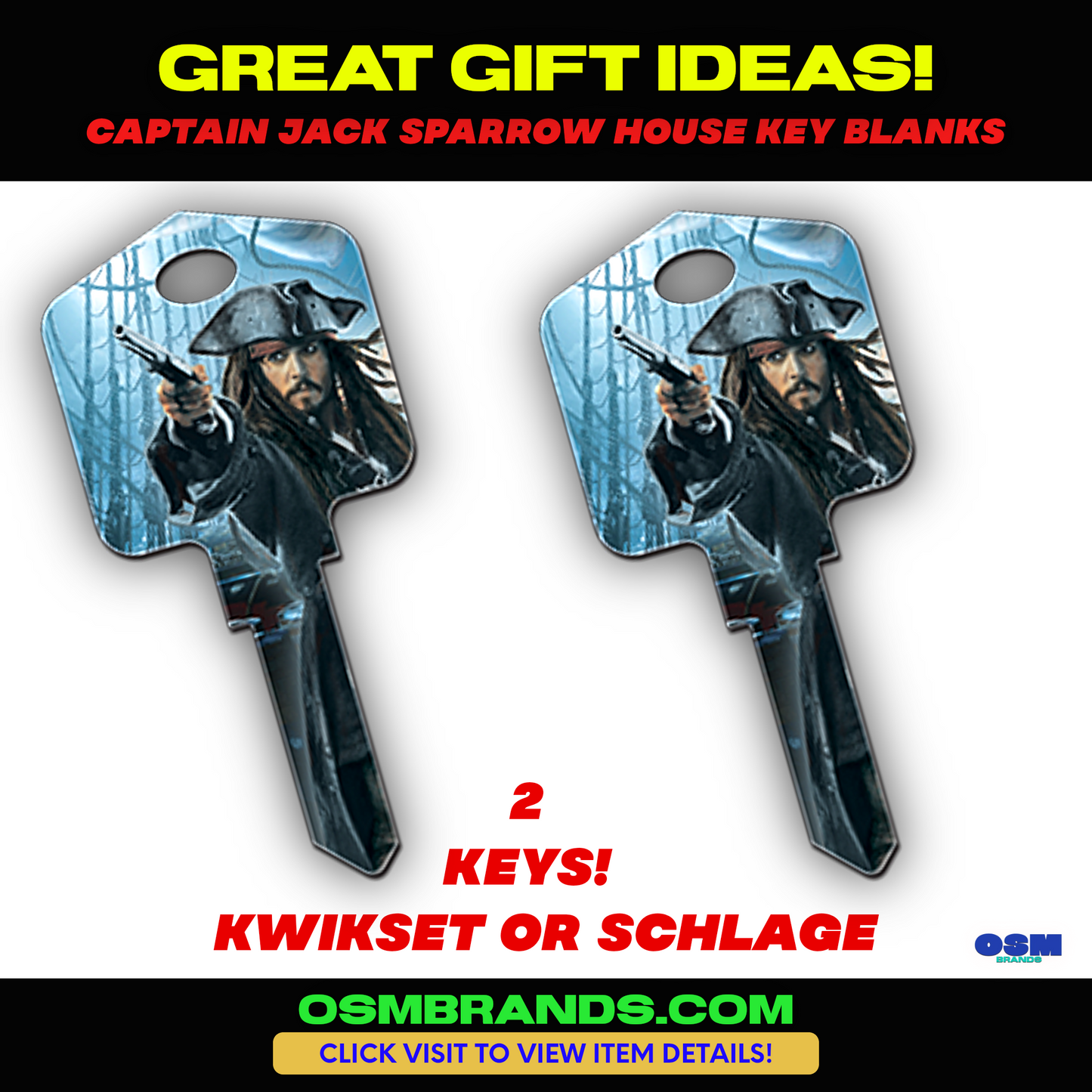 2 PK PIRATES OF THE CARIBBEAN-JACK SPARROW House Key Blank for KWIKSET OR SCHLAGE