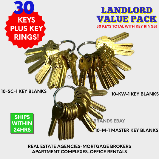 LANDLORD KEY BLANK VALUE PACK - 30 KEY BLANKS & 3 KEY RINGS