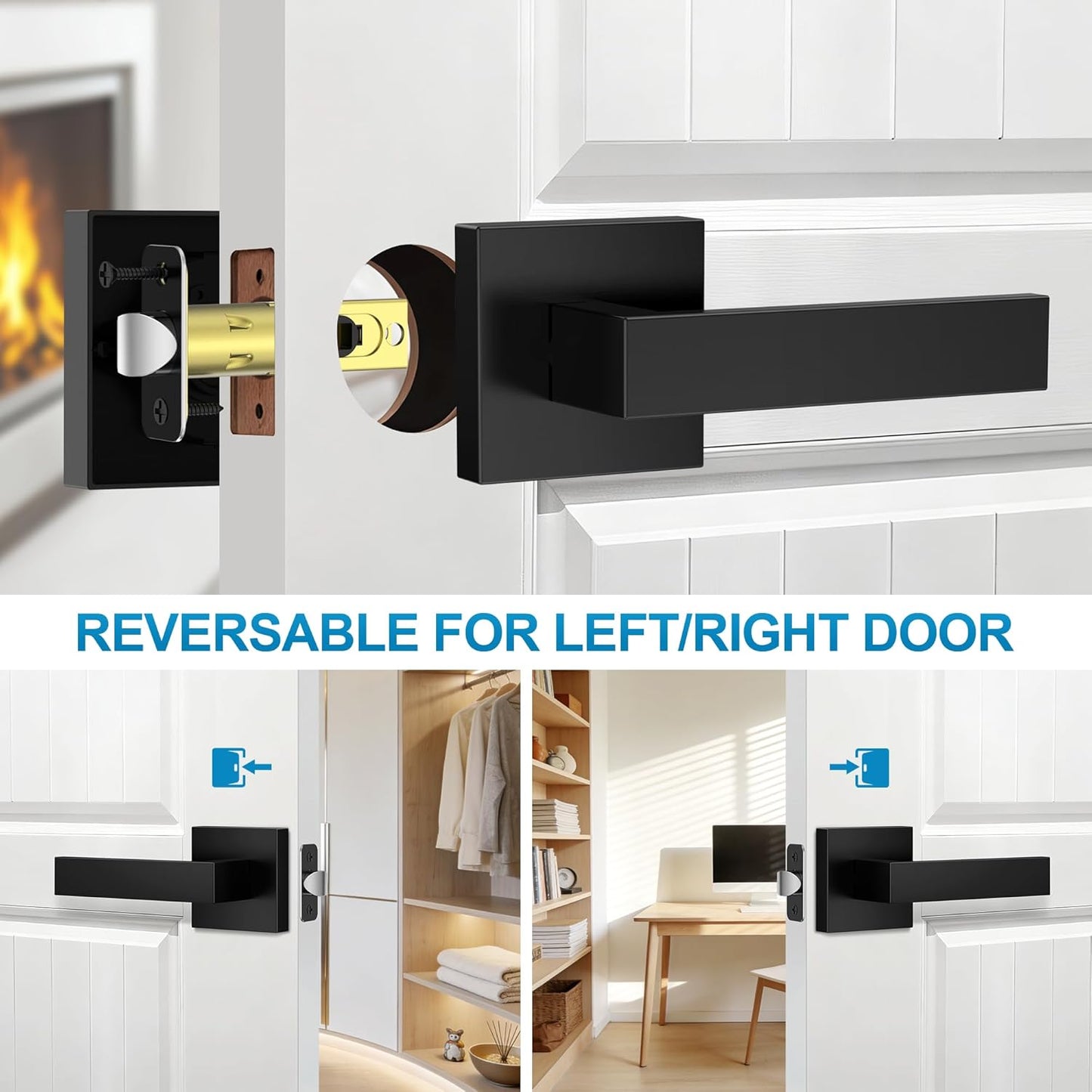 10 Pack Matte Black Door Handles Interior, Passage Door Knobs Closet Door Levers for Hallway, Heavy Duty Square Doorknob Non-Locking Handle sets for Left & Right Sided Doors