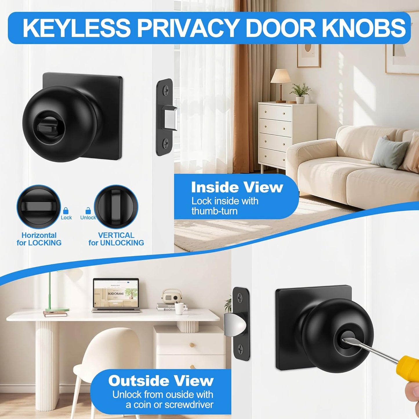10 Pack Privacy Door Knobs Interior, Matte Black Keyless Door Locks for Bedrooms Bathrooms - ANSI Grade-3 Certified Modern Locking Doorknob - Round Door Knob with Lock, Heavy Duty