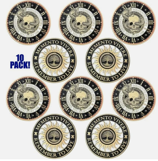 Memento Mori & Memento Vivere Stoic Challenge Coin – Remember You Must Die • Remember to Live (10 Pack)