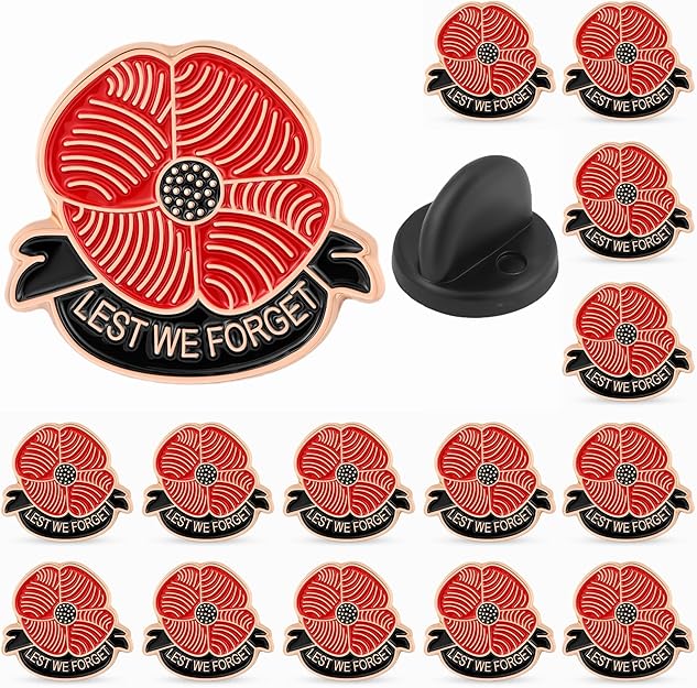 Lest We Forget Red Poppy Lapel Pin – Memorial Enamel Pin (50 OR 100 Pack)