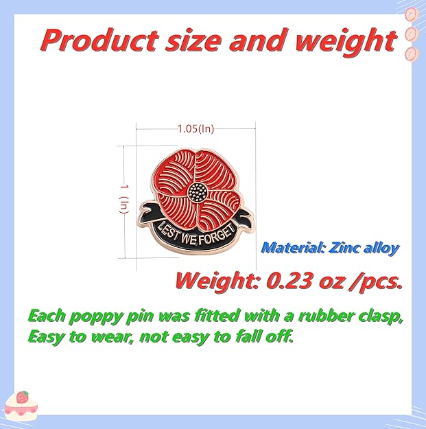 Lest We Forget Red Poppy Lapel Pin – Memorial Enamel Pin (50 OR 100 Pack)