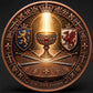 1 oz .999 Copper Round Holy Grail reverse – glowing chalice with lion and dragon heraldic shields crossed swords