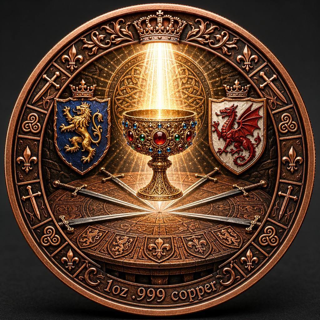 1 oz .999 Copper Round Holy Grail reverse – glowing chalice with lion and dragon heraldic shields crossed swords