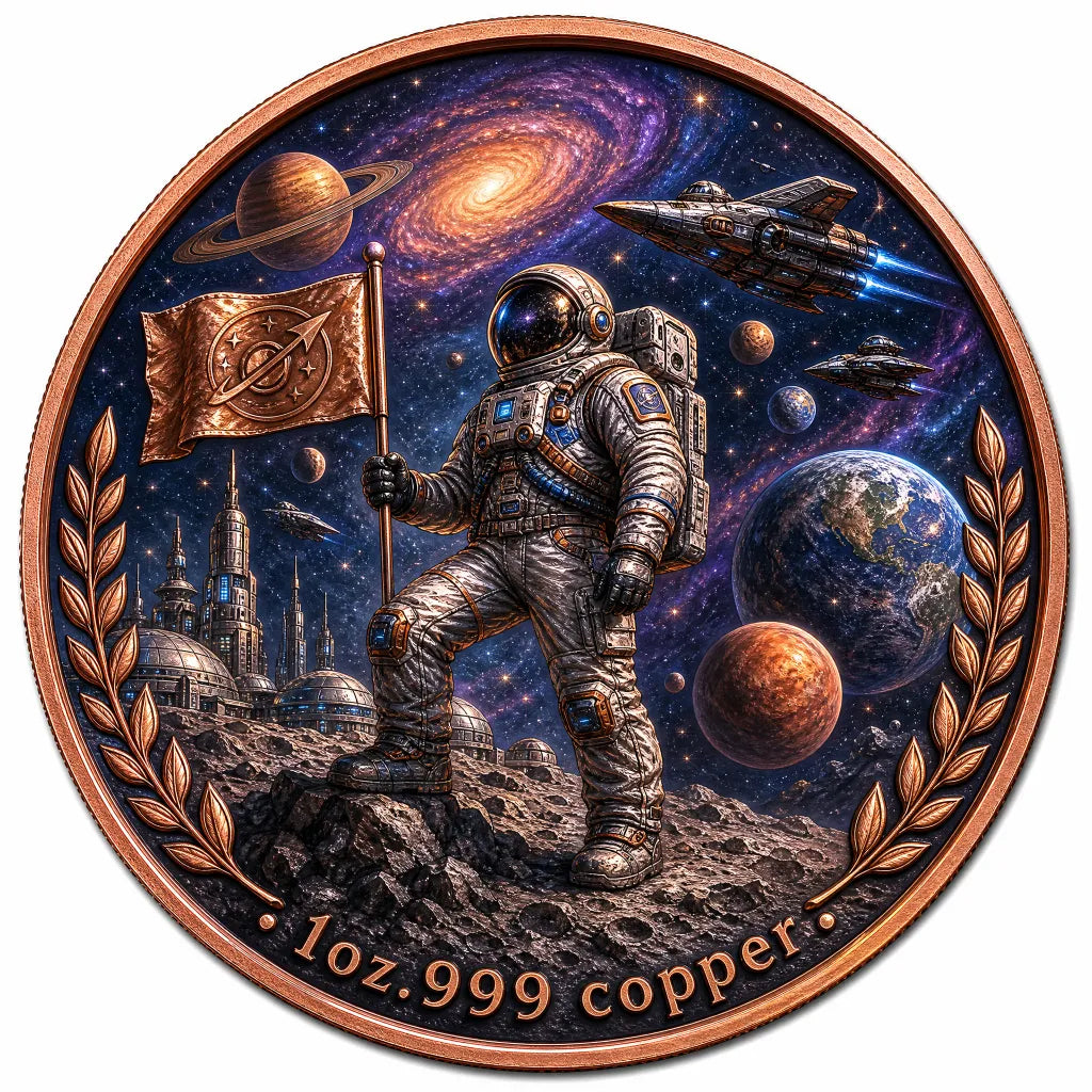 1 oz .999 Copper Round Astronaut on Moon obverse – space explorer with flag Saturn galaxy spaceships