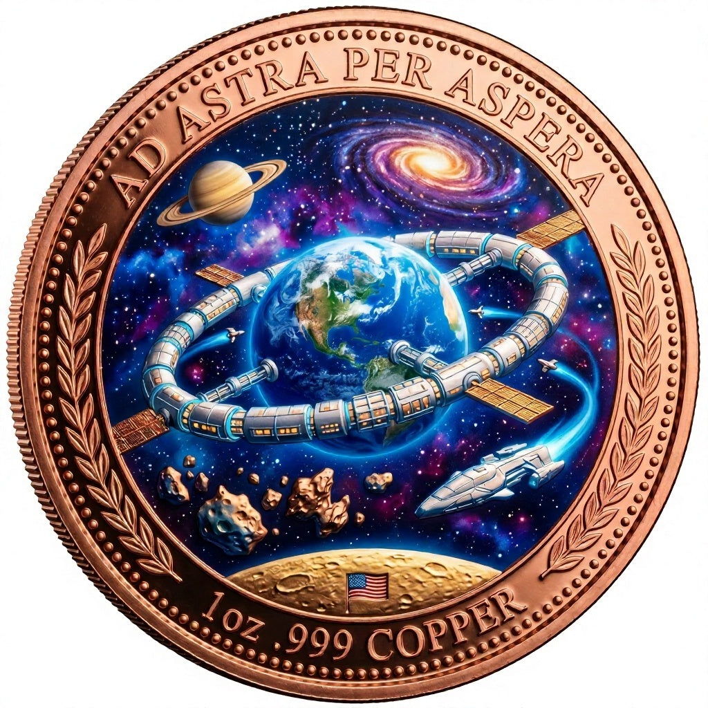 1 oz .999 Copper Round Ad Astra Per Aspera reverse – space station orbiting Earth with Moon American flag