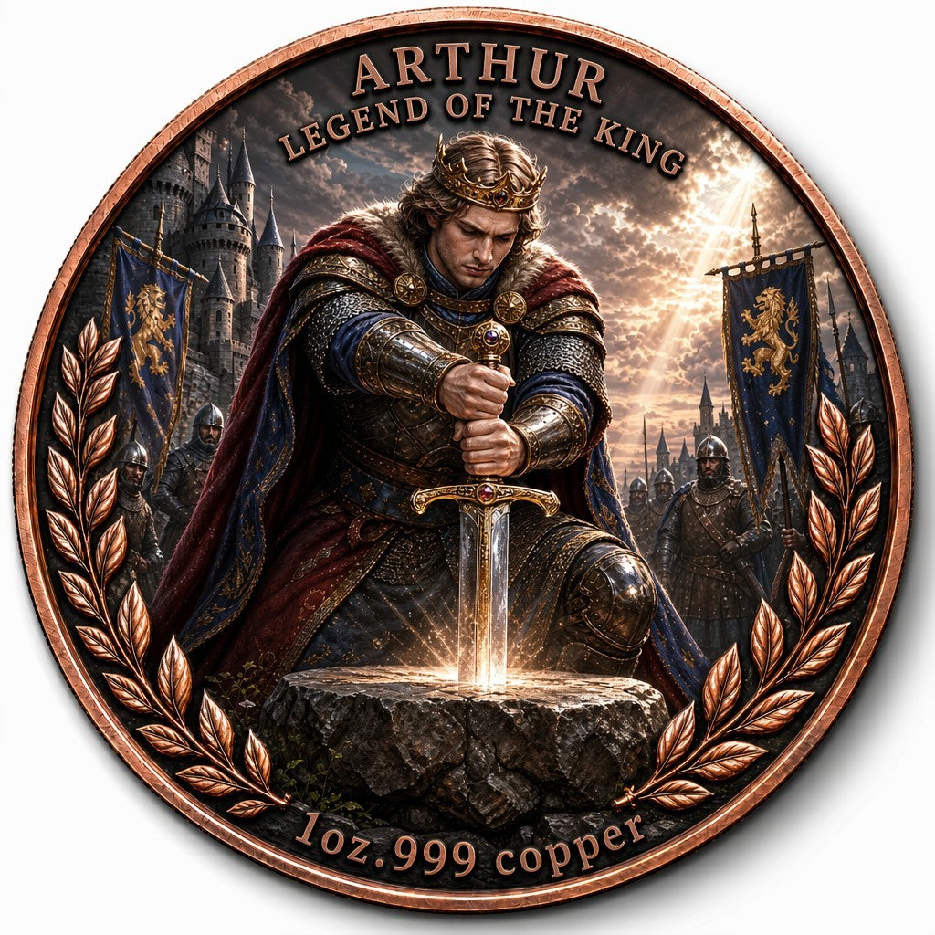 1 oz .999 Copper Round Arthur Legend of the King obverse – King Arthur kneeling with Excalibur in stone