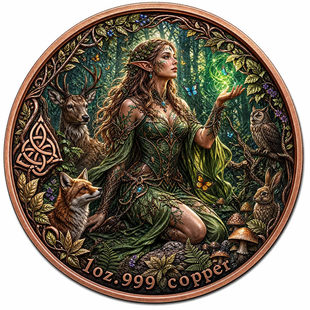1 oz .999 Copper Round Celtic Forest Goddess obverse closeup – elf druid with fox owl deer butterflies