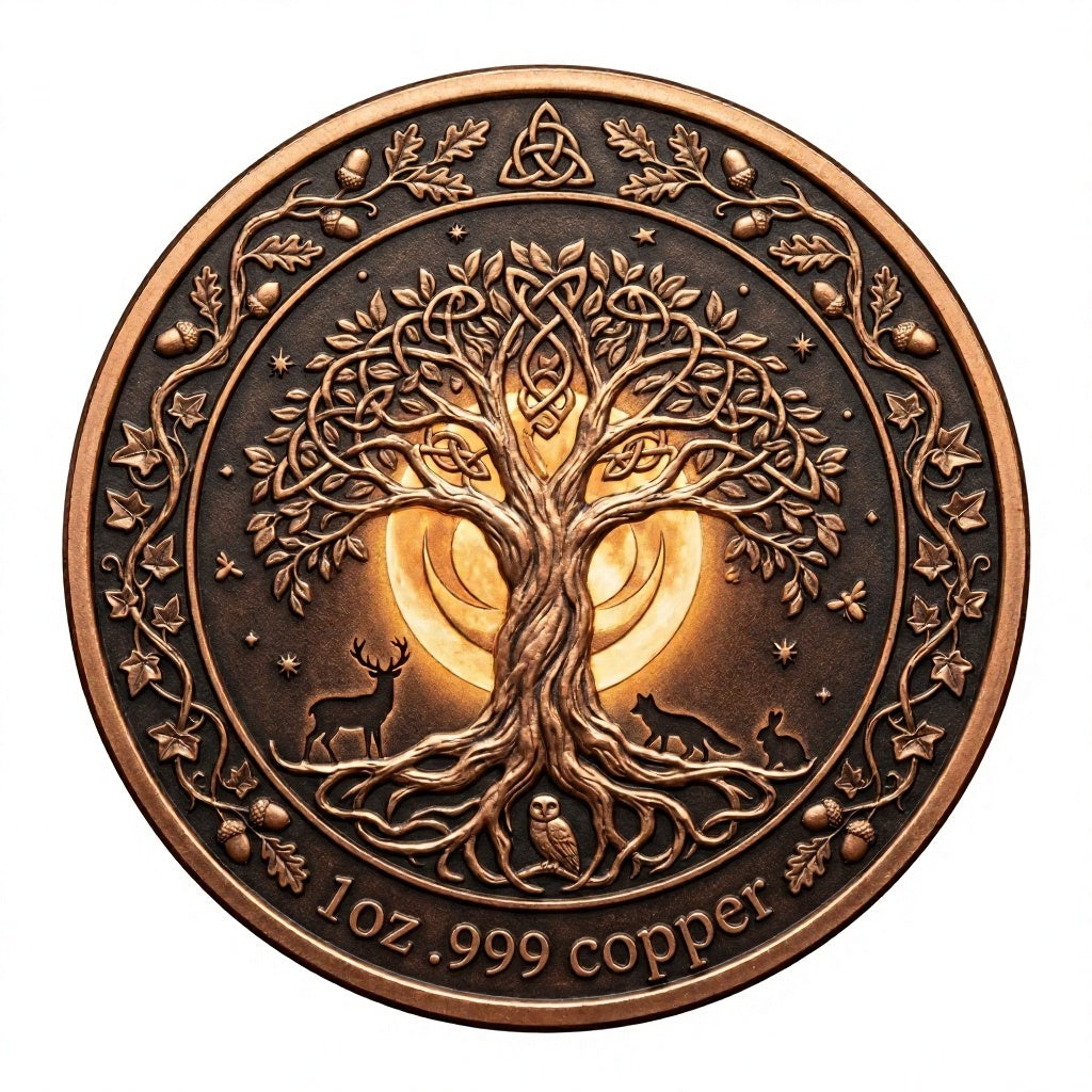 1 oz .999 Copper Round Celtic Tree of Life reverse – antique copper with crescent moon deer fox owl acorns