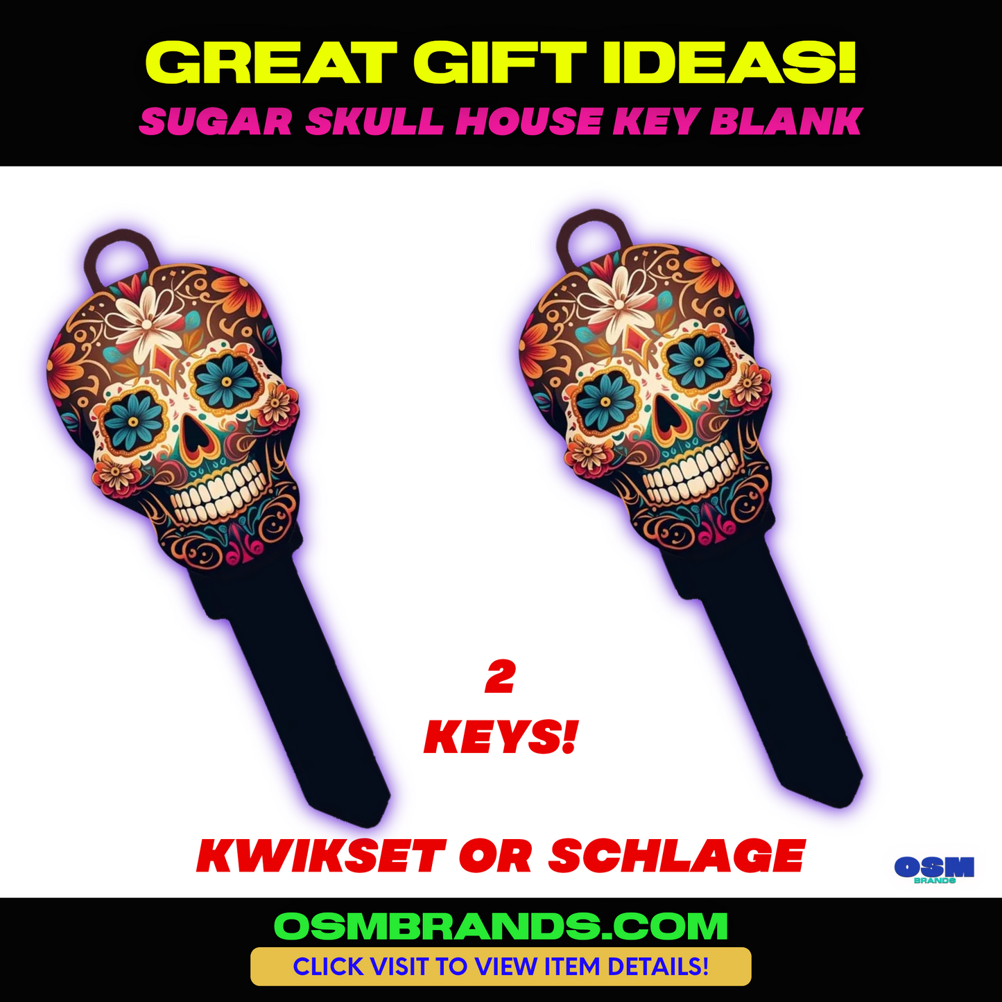 2 PK SUGAR SKULL House Key Blank for KWIKSET OR SCHLAGE