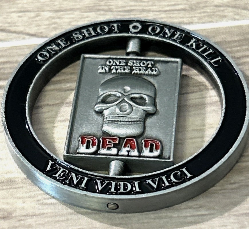 Exclusive design Sniper Spinner coin. 1.75" large and thick. One shot one kill collectible coin