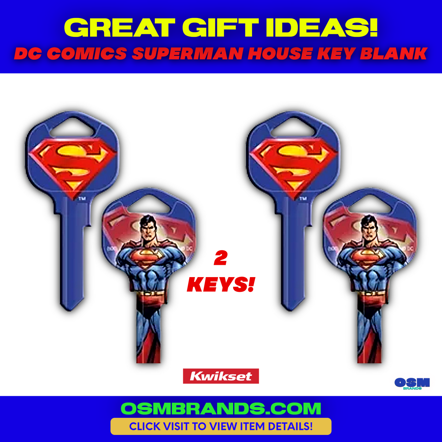 2 PK Superman House Key Blank for KWIKSET KW-11 6 PIN Locks