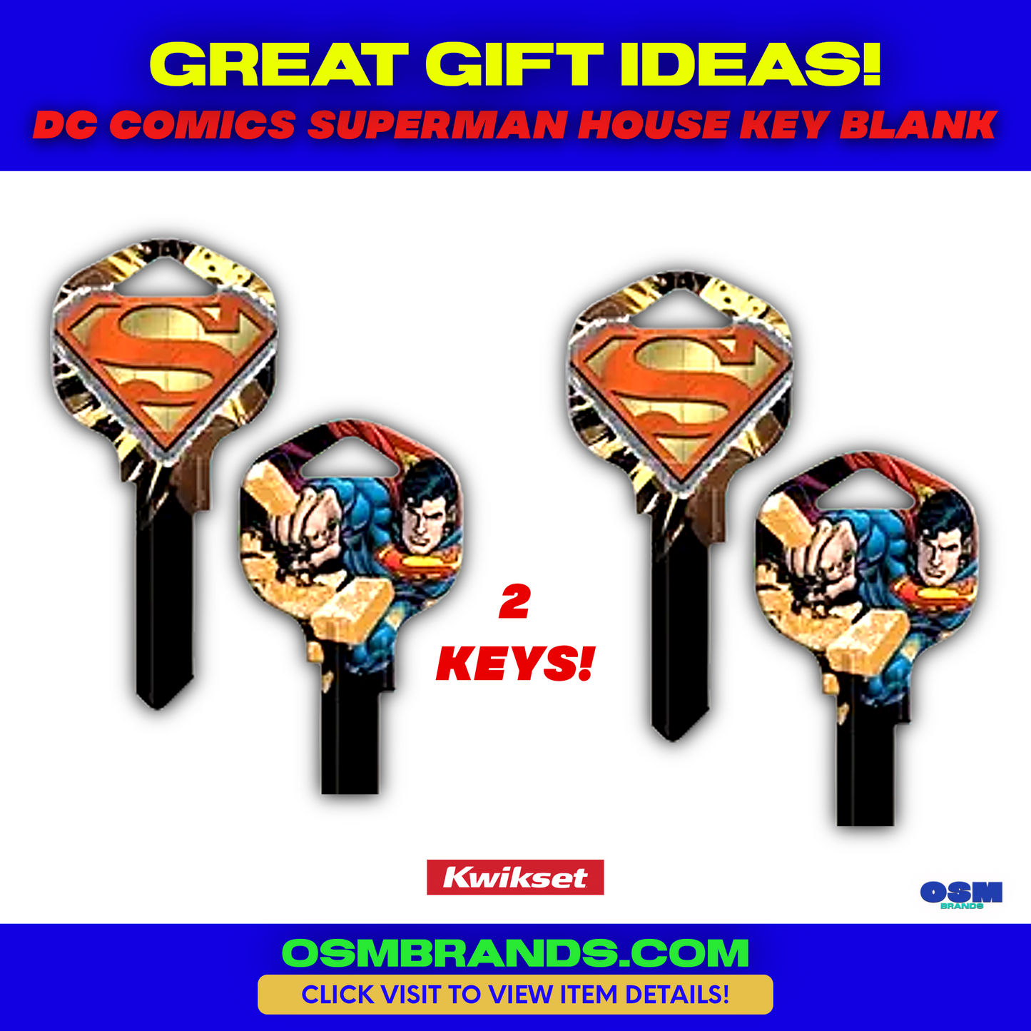 2 PK Superman Bricks House Key Blank for KWIKSET KW-11 6 PIN Locks