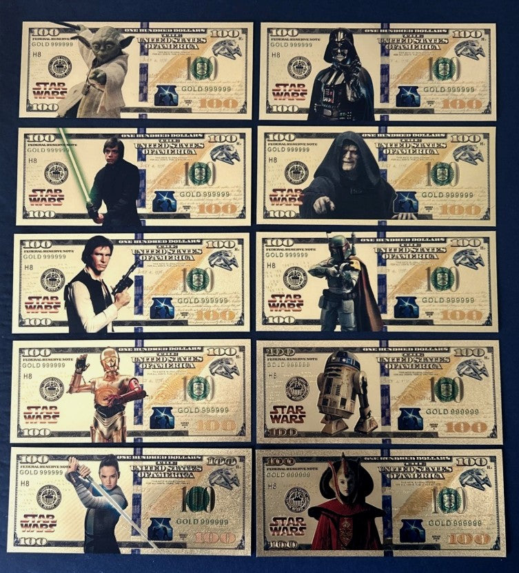 Star Wars Gold Foil Banknote Set – 10 Characters + Certificate of Authenticity