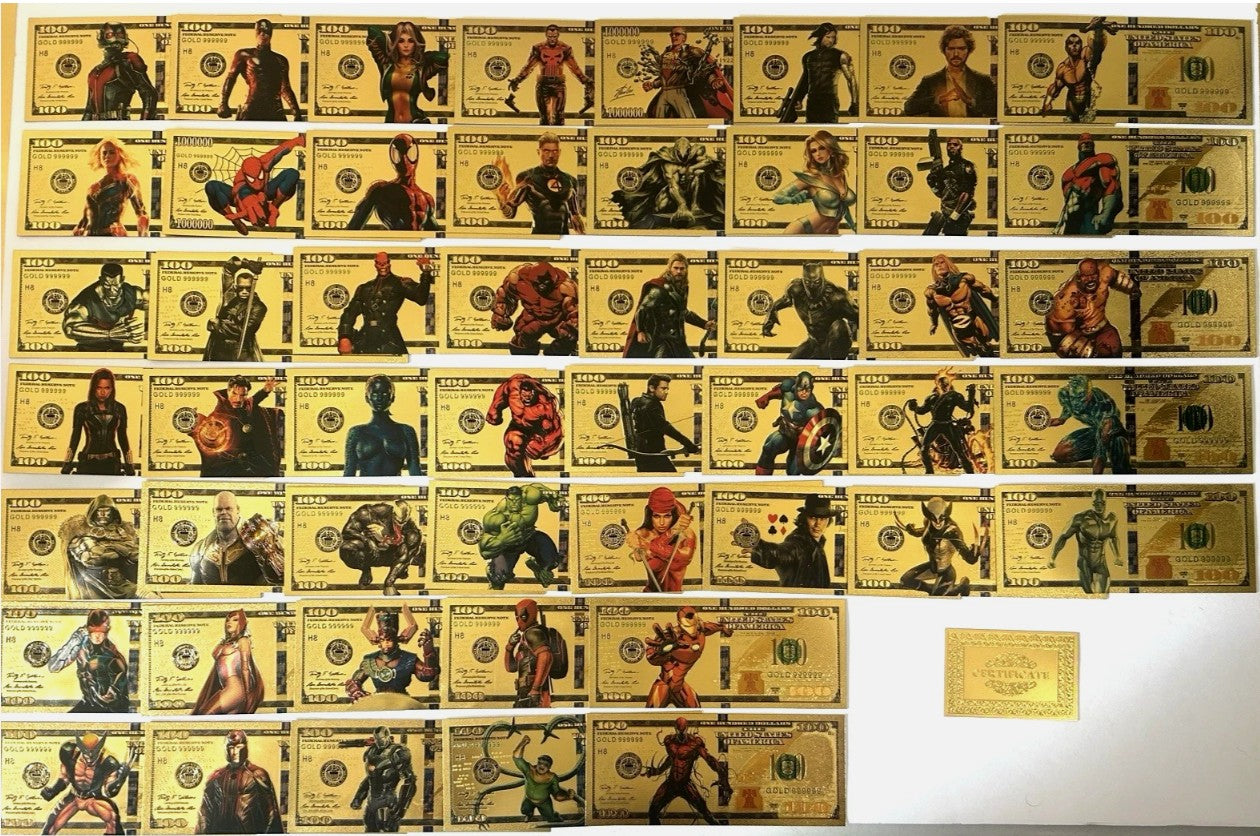 Complete Marvel Superheroes Set – 24K Gold Foil Novelty Banknotes (50 PC)