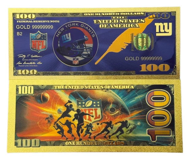 New York Giants NFL $100 Gold Banknote front and back