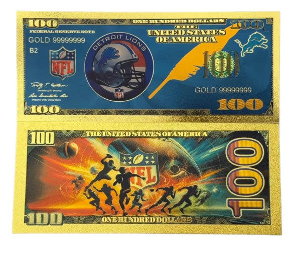 Detroit Lions NFL $100 Gold Banknote front and back