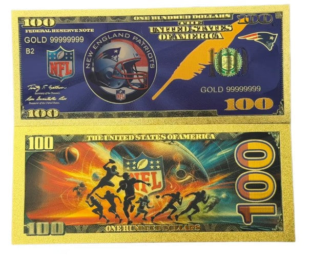 New England Patriots NFL $100 Gold Banknote front and back