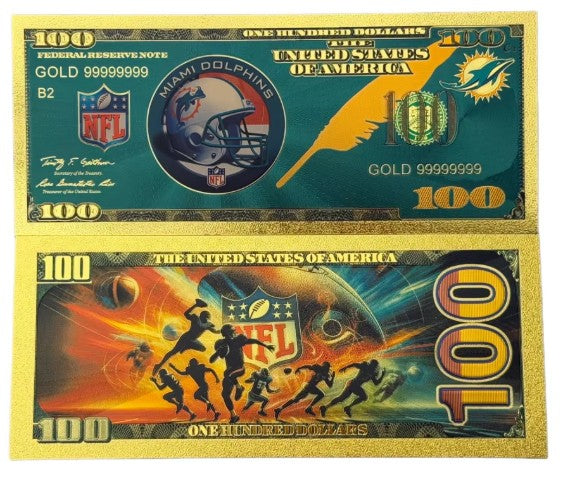 Miami Dolphins NFL $100 Gold Banknote front and back