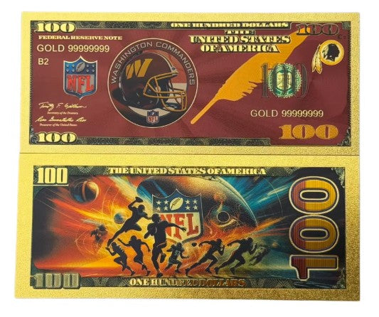 Washington Commanders NFL $100 Gold Banknote front and back