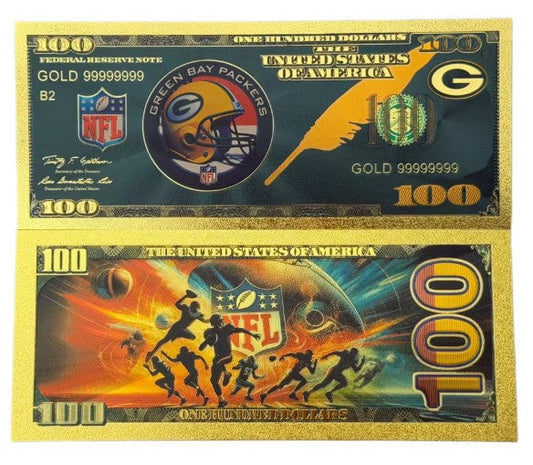 Green Bay Packers NFL $100 Gold Banknote front and back