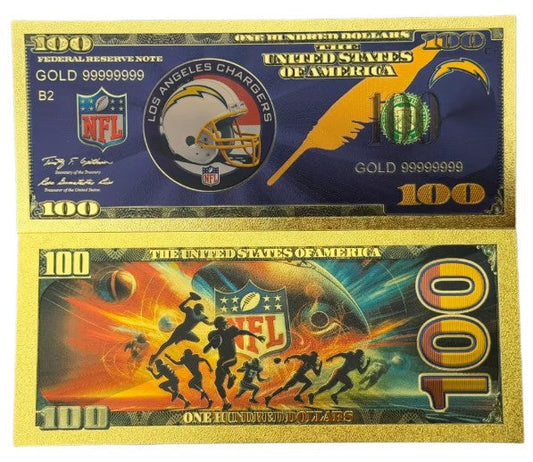 Los Angeles Chargers NFL $100 Gold Banknote front and back