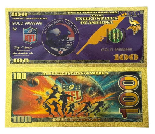 Minnesota Vikings NFL $100 Gold Banknote front and back