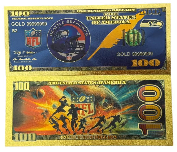 Seattle Seahawks NFL $100 Gold Banknote front and back