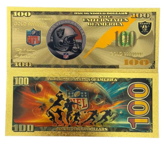 Las Vegas Raiders NFL $100 Gold Banknote front and back
