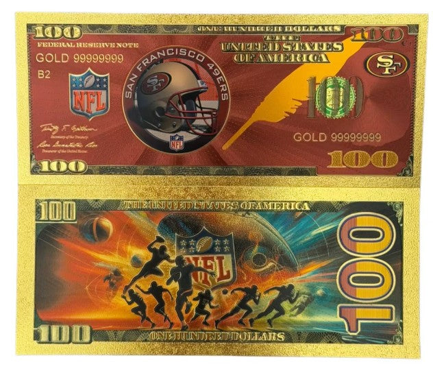 San Francisco 49ers NFL $100 Gold Banknote front and back
