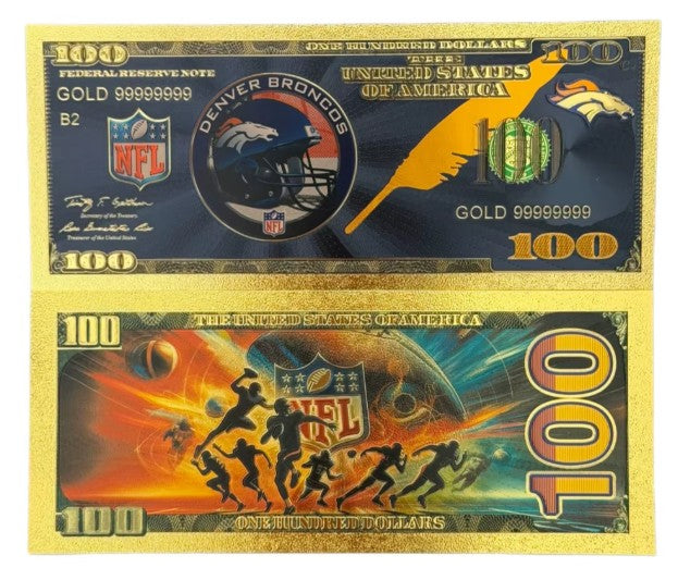 Denver Broncos NFL $100 Gold Banknote front and back