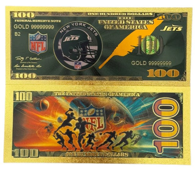New York Jets NFL $100 Gold Banknote front and back