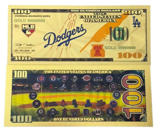 Los Angeles Dodgers MLB $100 Gold Banknote front and back